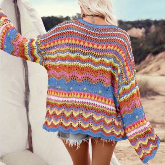 striped crochet knit rainbow 70s groovy vintage style sweater - Picture 3 of 3